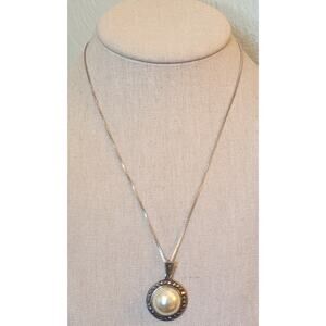 Vintage 925 FAS Marcasite Large Faux Mabe Pearl Pendant 18" Necklace
